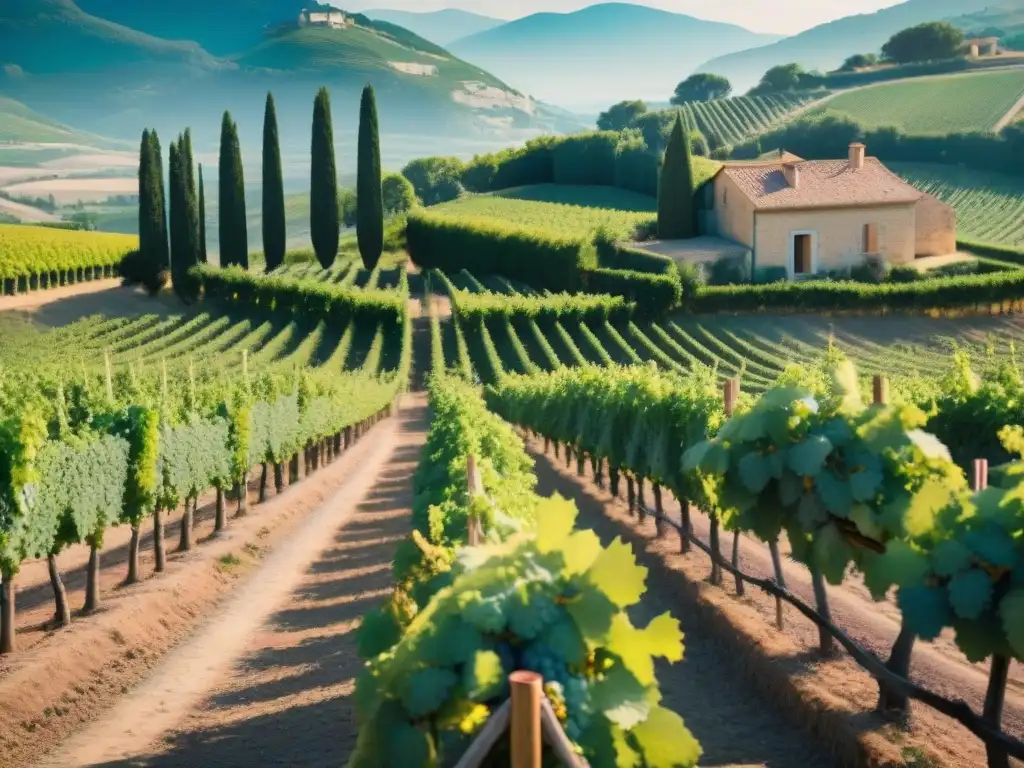 Un viñedo bañado por el sol en el sur de Francia con uvas rosadas vibrantes listas para la cosecha, y campesinos locales en acción