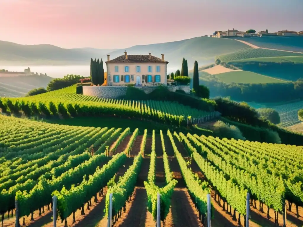 Un viñedo bañado por el sol en el sur de Francia, con vides rosadas y un chateau en el fondo