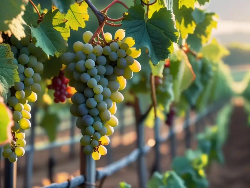 Un viñedo francés bañado por el sol, destacando uvas maduras bajo la luz dorada