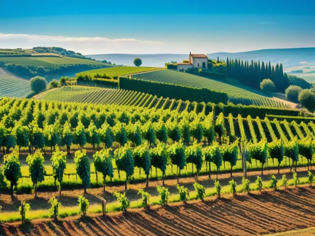 Viñedo francés bañado por el sol con vides verdes, bodega de piedra y cielo azul