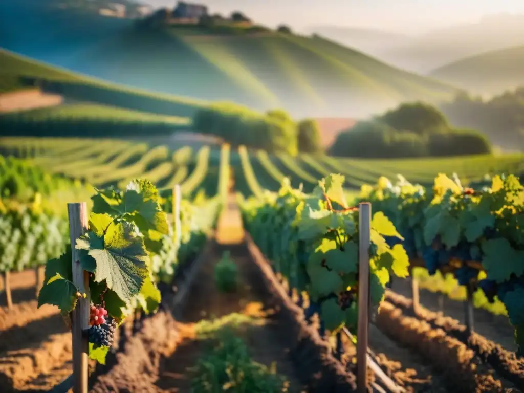 Viñedo biodinámico en Francia al amanecer, mostrando la armonía de las plantas y la belleza natural