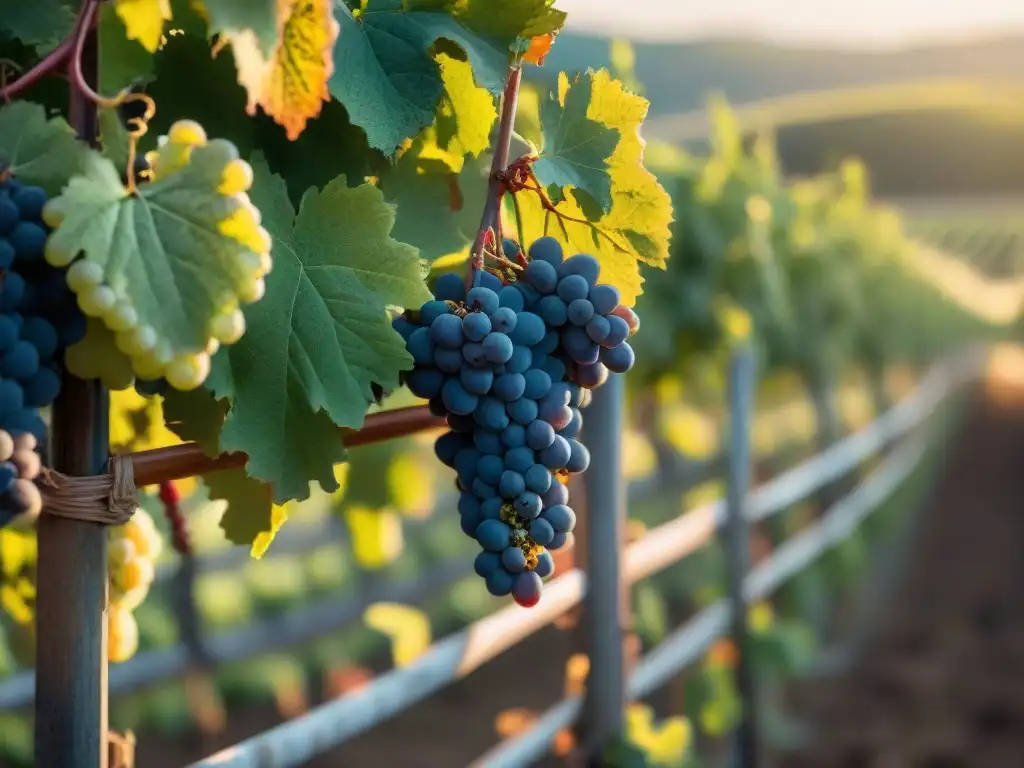 Viñedo biodinámico al atardecer en la campiña francesa con uvas maduras brillantes