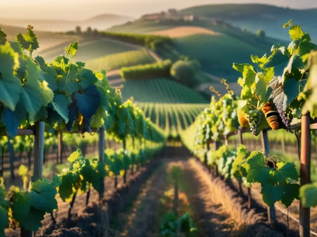 Viñedo biodinámico en Francia al atardecer: vides verdes, luz dorada y armonía natural