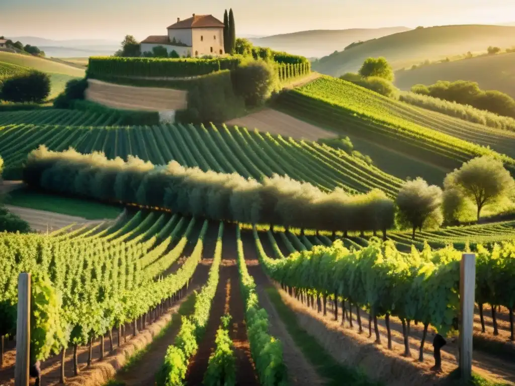 Un viñedo biodinámico en la campiña francesa al atardecer, con vides saludables y un agricultor trabajando