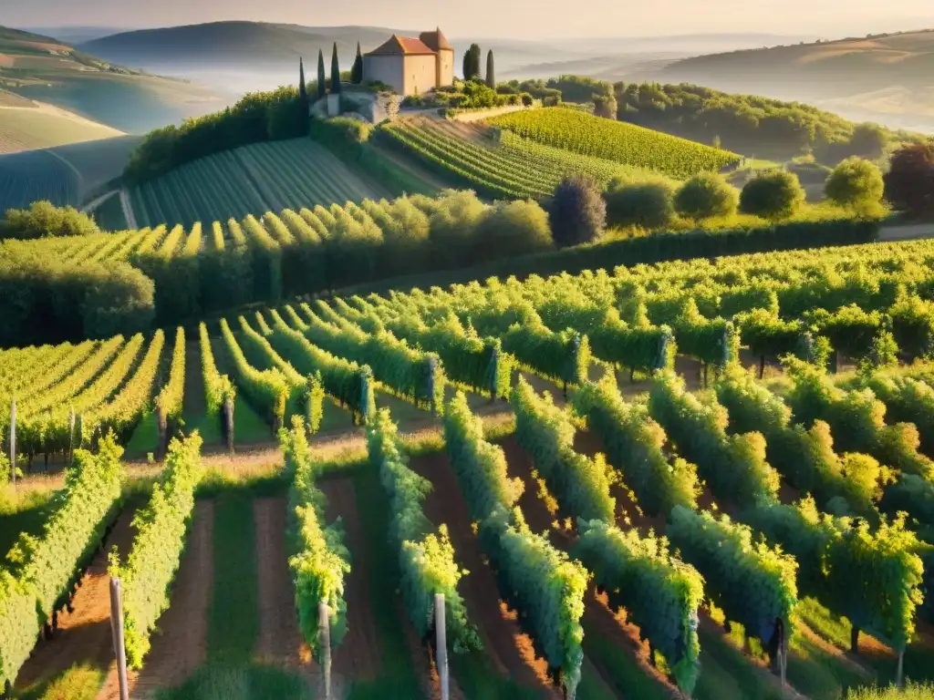 Un viñedo biodinámico en la campiña francesa al atardecer, reflejando la esencia de la gastronomía francesa