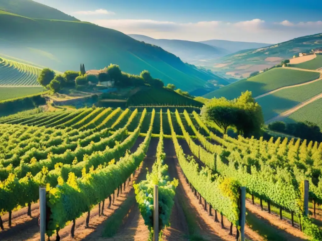 Un viñedo biodinámico en la campiña francesa: filas verdes de viñas en colinas bajo cielo azul, un vigneron inspeccionando con cuidado