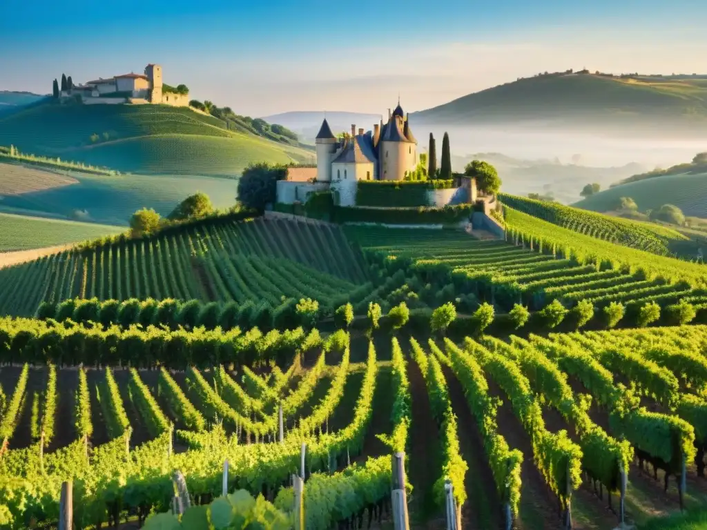 Viñedo biodinámico en la campiña francesa, con uvas vibrantes bajo la luz dorada del atardecer