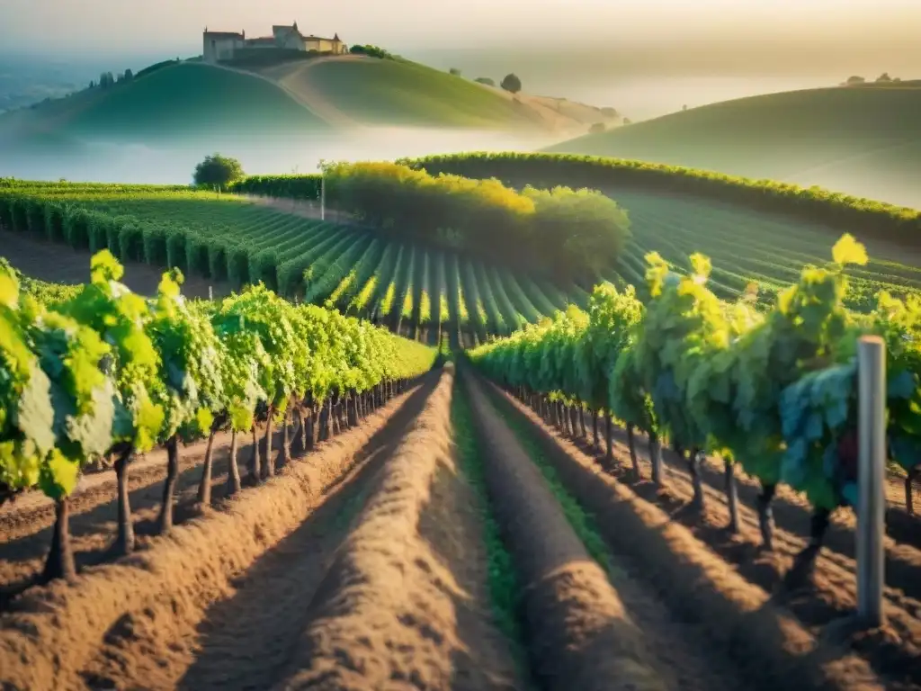 Viñedo biodinámico en Francia al amanecer, con filas de uvas y raíces enredadas, bañado en luz dorada