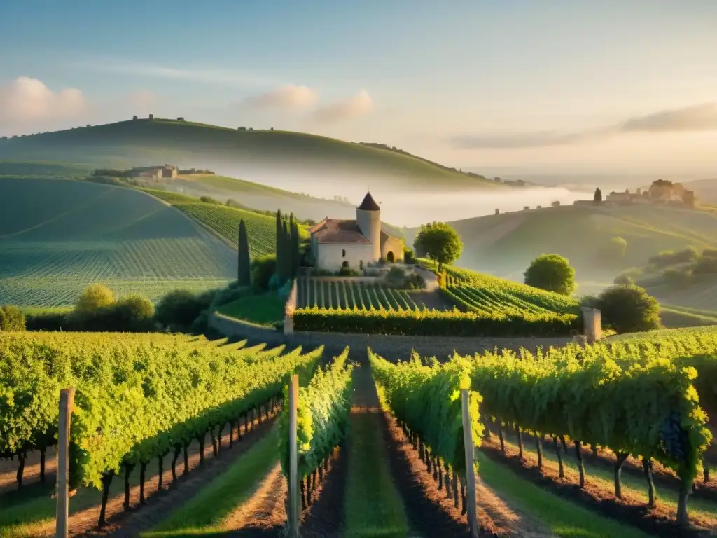 Un viñedo francés biodinámico al amanecer, con filas de viñas frondosas hacia el horizonte y un château entre colinas