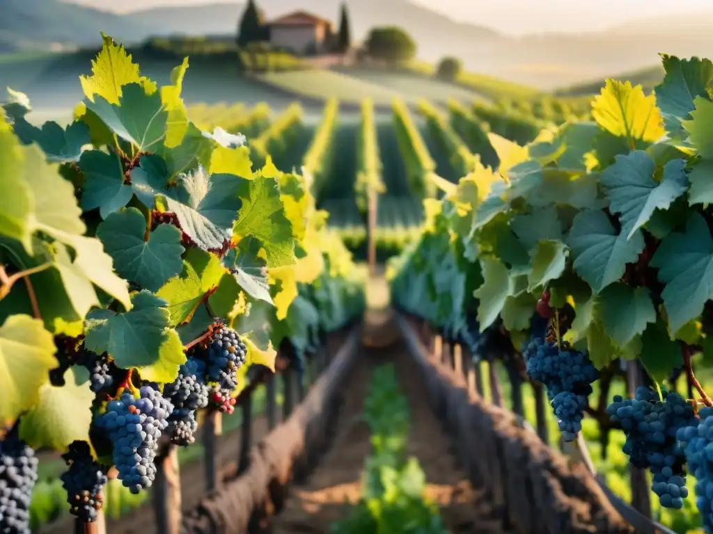 Viñedo biodinámico francés al amanecer, con filas perfectas de vides y uvas brillantes de rocío