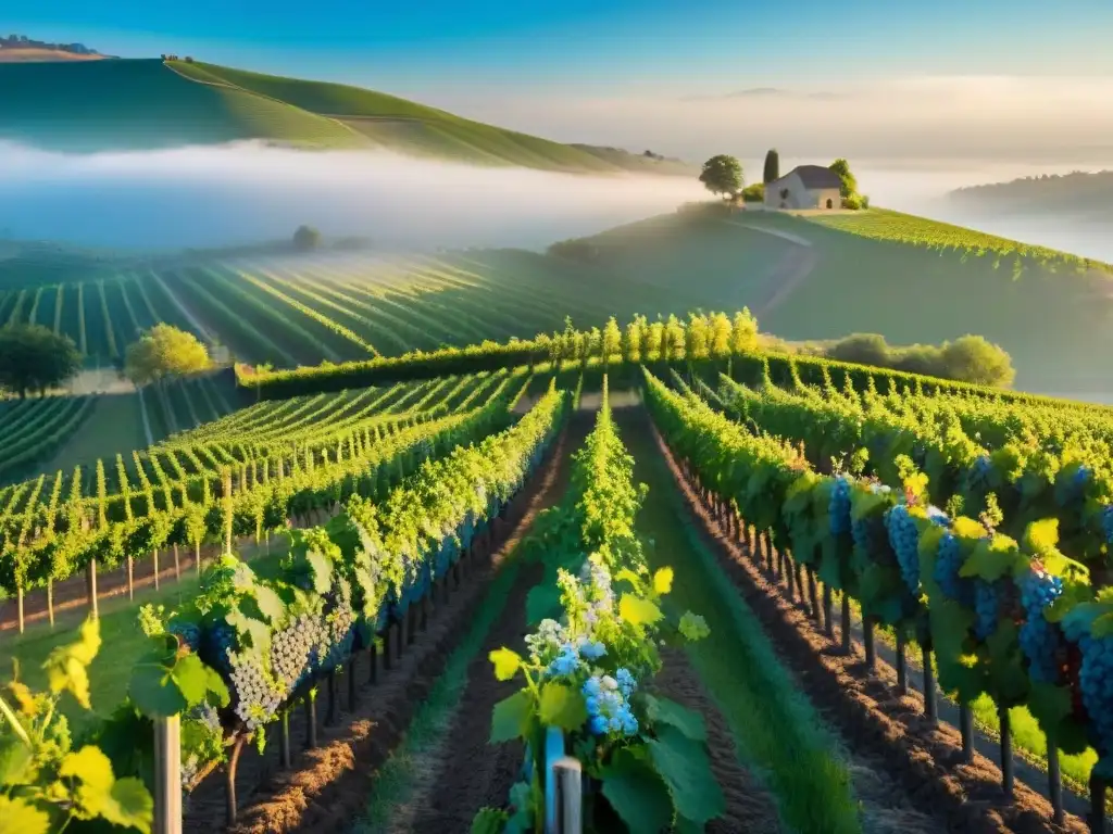 Viñedo biodinámico al amanecer en la gastronomía francesa: filas de viñedos con flores silvestres coloridas bajo un cielo azul