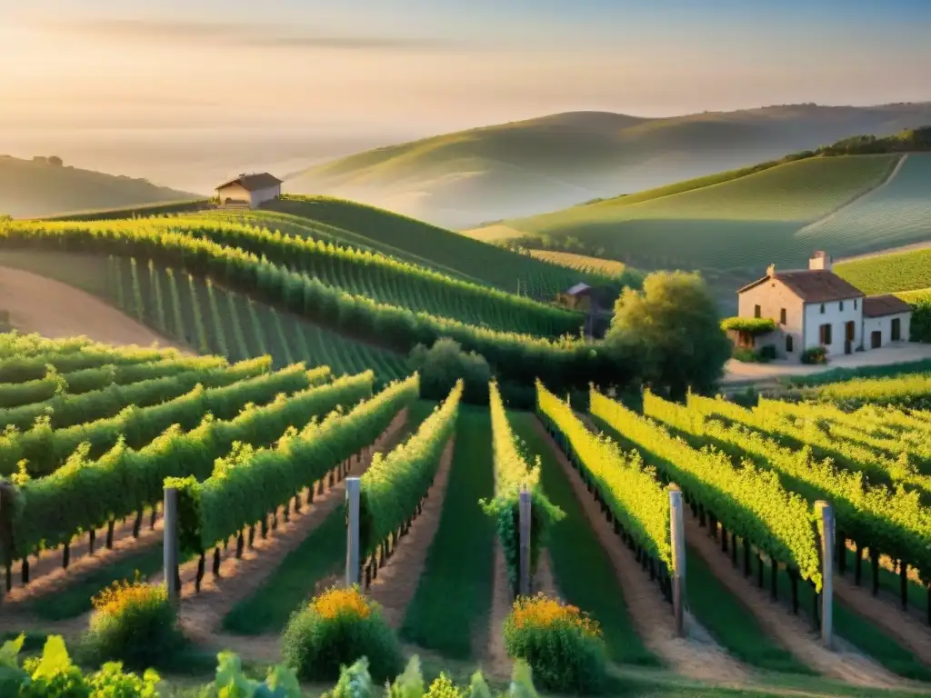 Viñedo biodinámico al amanecer, con vides verdes y flores silvestres