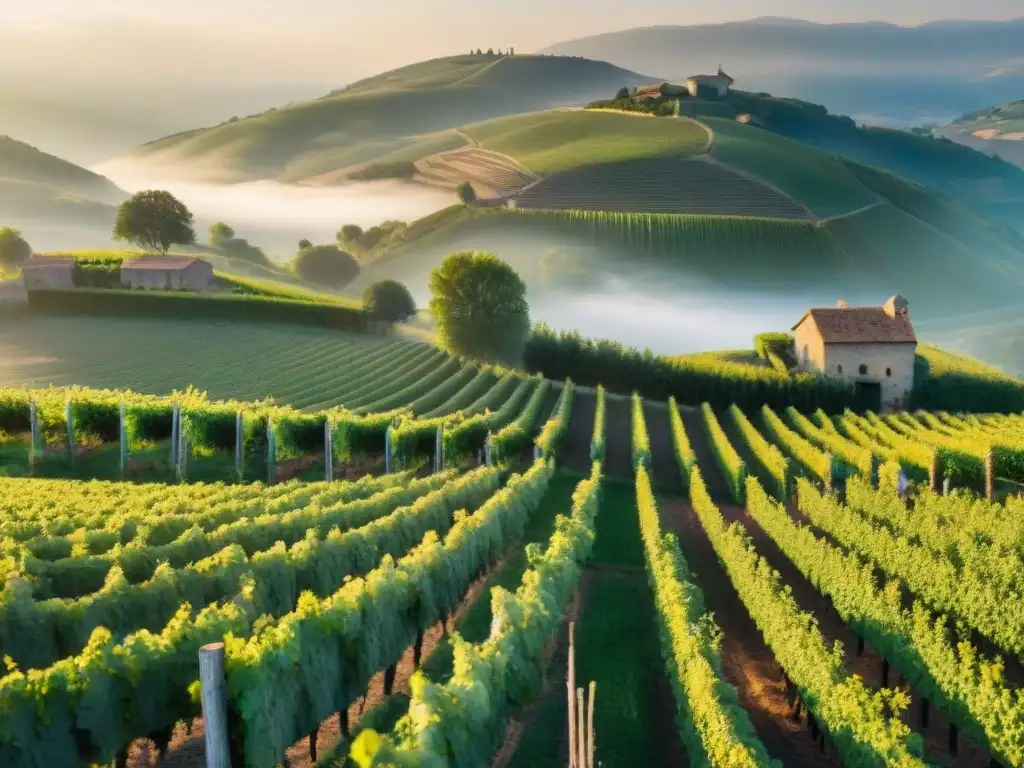 Un viñedo biodinámico en Francia al amanecer, con vides verdes y flores silvestres, agricultores y una casa de piedra rústica