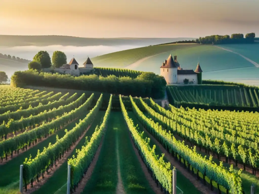 Viñedo en Borgoña al atardecer, con ciclistas disfrutando de la influencia cultural gastronomía francesa