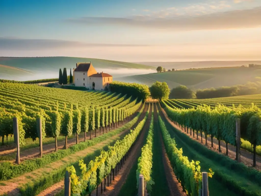 Un viñedo en Borgoña al atardecer, con hileras de vides verdes y un castillo de piedra al fondo