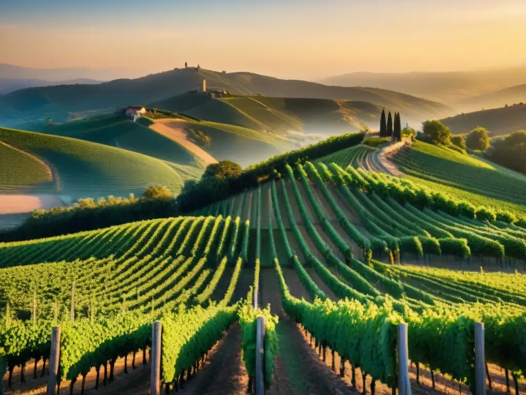 Viñedo en Borgoña con vides verdes, sol poniente y colinas, transmitiendo la belleza de la sostenibilidad en vinos orgánicos