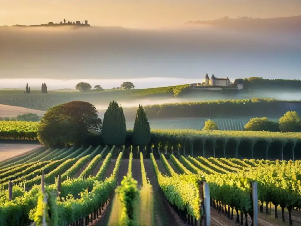 Viñedo en Burdeos al atardecer, con vides vibrantes y un castillo histórico iluminado por el sol