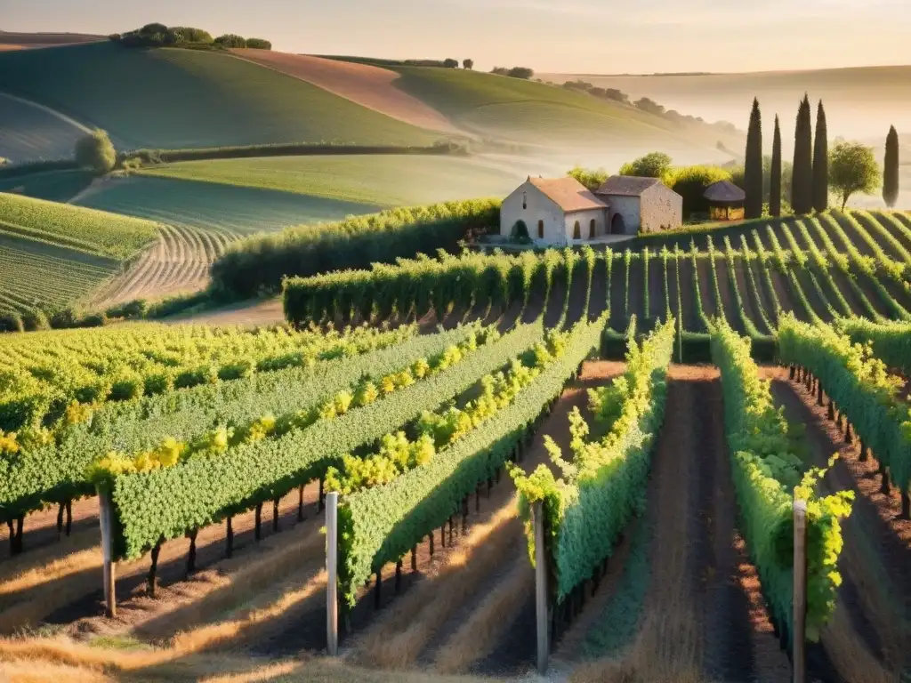 Viñedo en la campiña francesa al atardecer, bañado por cálida luz dorada