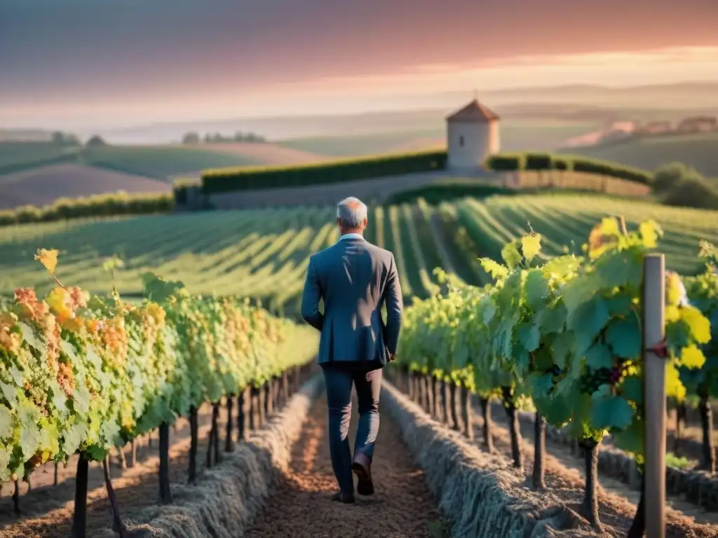 Un viñedo en la campiña francesa al atardecer, con un enólogo inspeccionando las vides