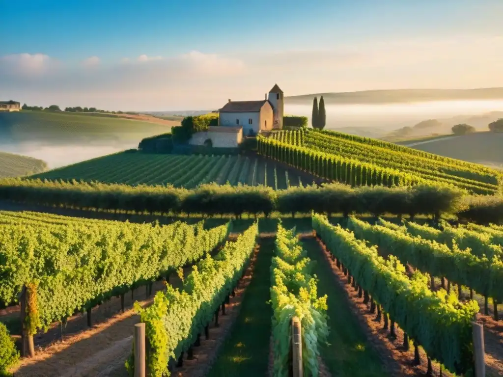 Un viñedo en la campiña francesa al atardecer, con filas de uvas bajo la suave luz del sol poniente