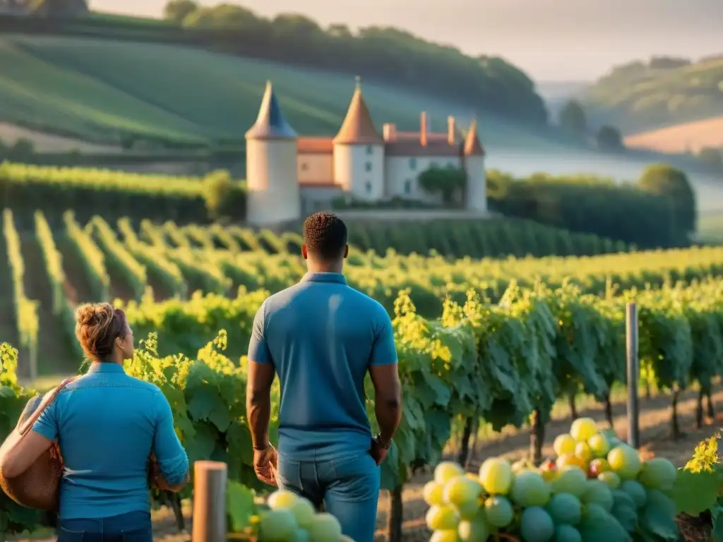 Un viñedo en la campiña francesa al atardecer dorado, con un castillo al fondo y estudiantes aprendiendo vinificación