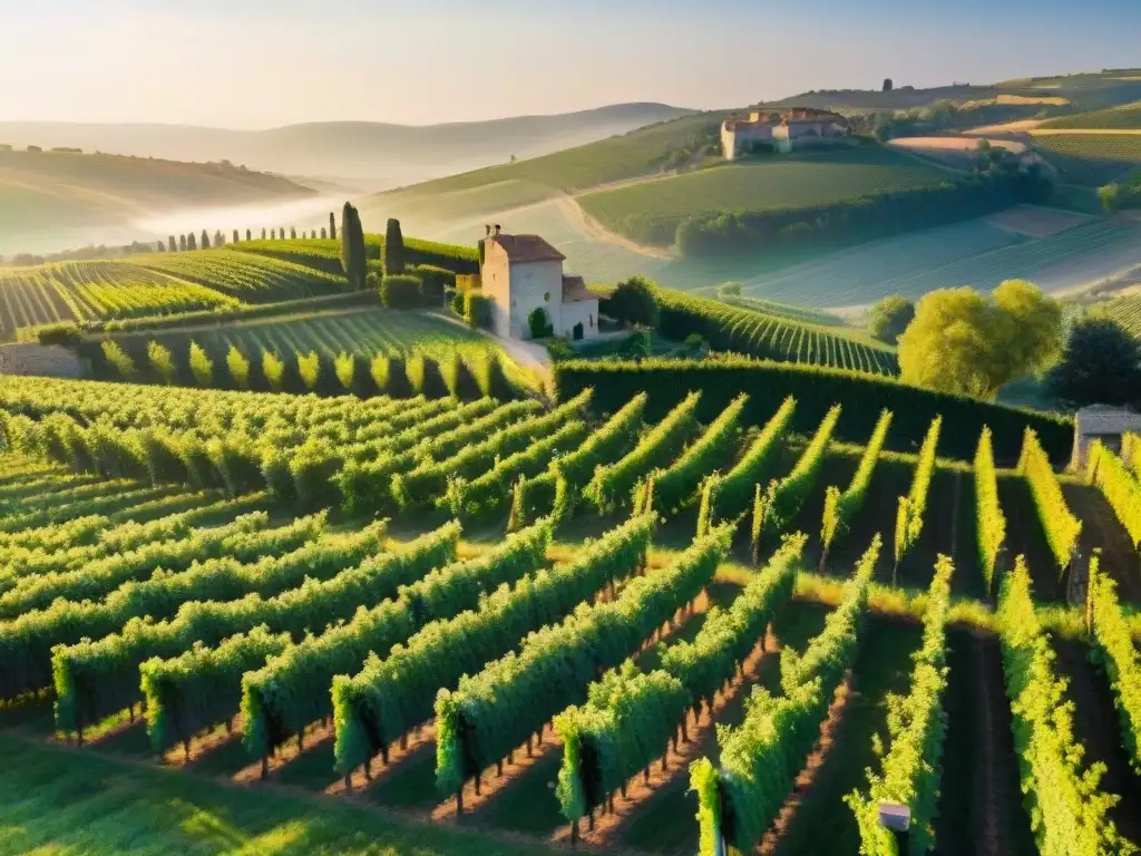 Un viñedo en la campiña francesa al amanecer: filas verdes de vides, bodega de piedra y naturaleza exuberante