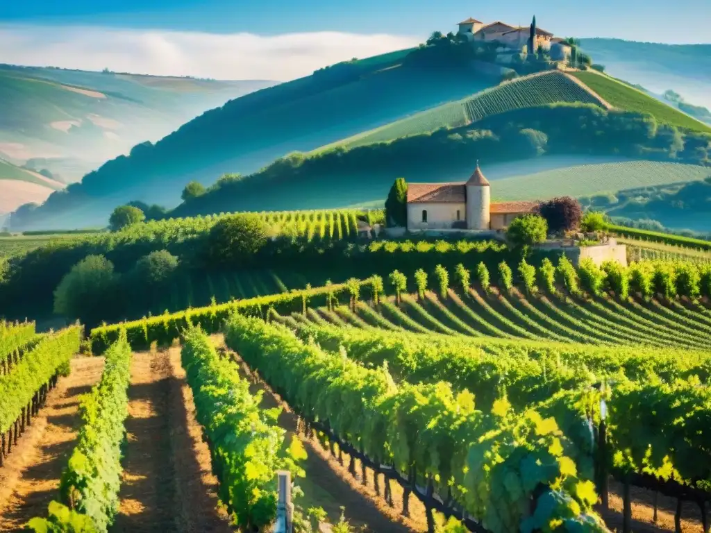 Viñedo en la campiña francesa con trabajadores cuidando viñas