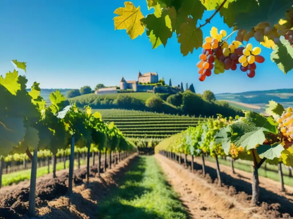 Viñedo en la campiña francesa durante la vendimia con uvas maduras y barriles de vino, evocando catas de vinos orgánicos franceses