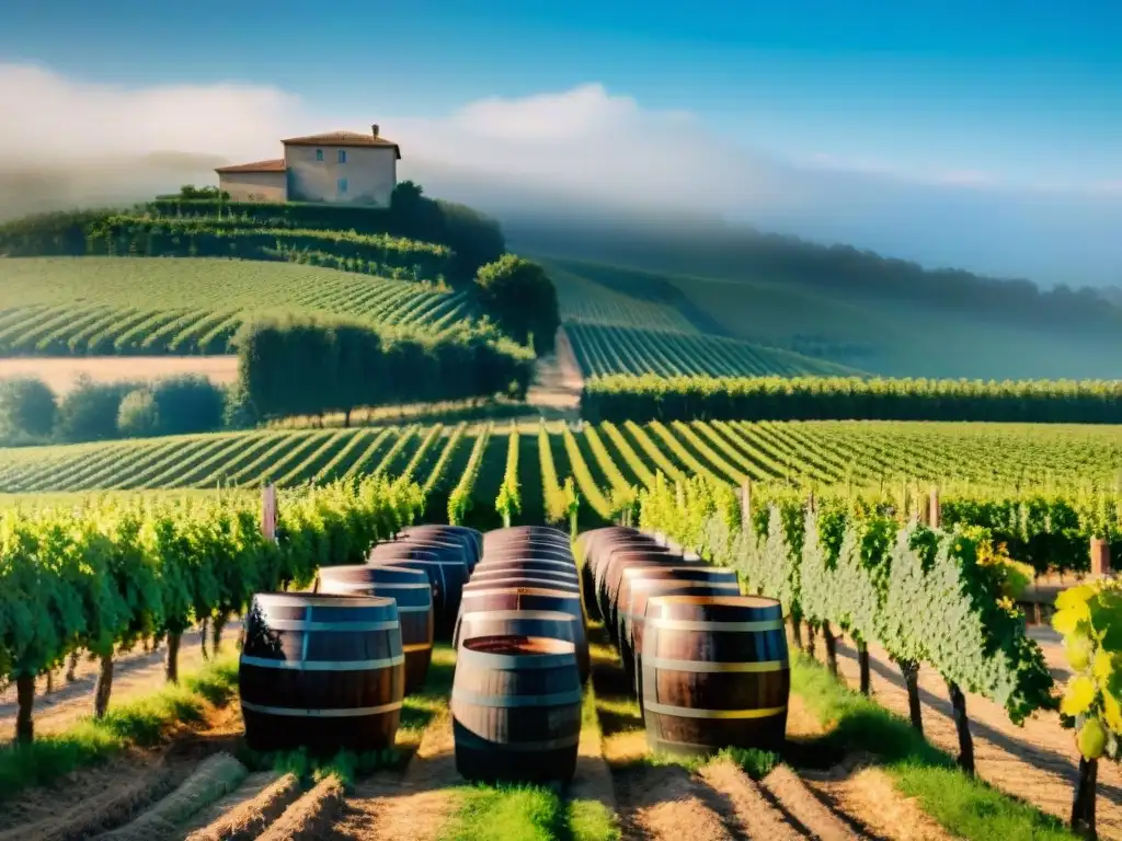 Un viñedo en el campo francés con filas de viñas verdes bajo cielo azul