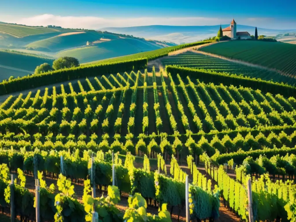 Un viñedo en el campo francés con vides verdes bajo el cielo azul