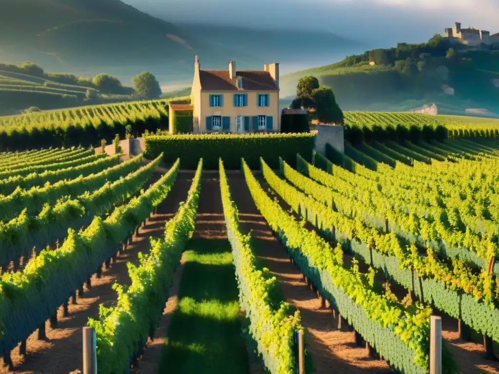 Un viñedo francés centenario bañado por el sol dorado, donde las uvas prosperan junto a un château histórico