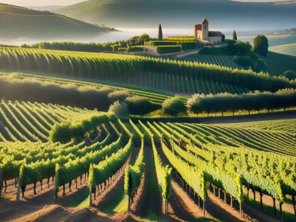 Viñedo centenario en la campiña francesa al atardecer, con viticultores cosechando a mano en tradición de la Industria del vino francés