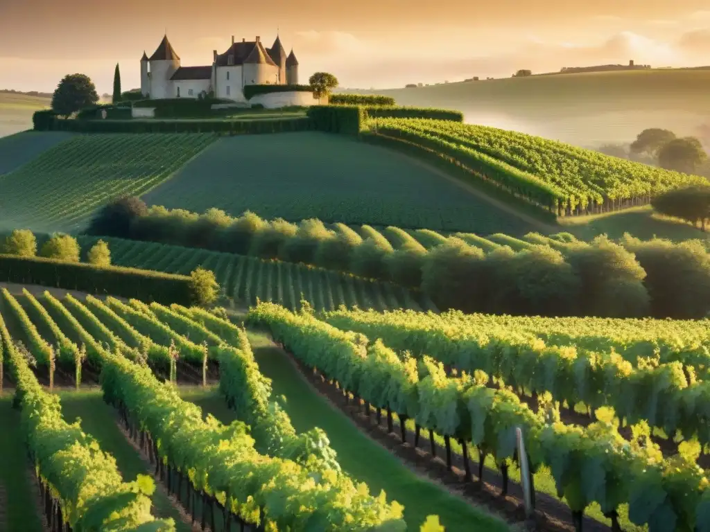 Viñedo centenario en Cognac con uvas en colinas, chateau histórico al fondo