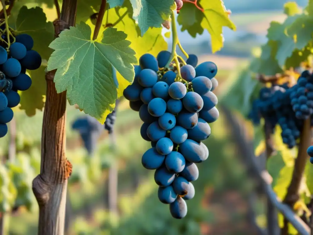 Un viñedo francés centenario con uvas maduras listas para la vendimia, en un escenario de tradición vinícola francesa: historia y vinos