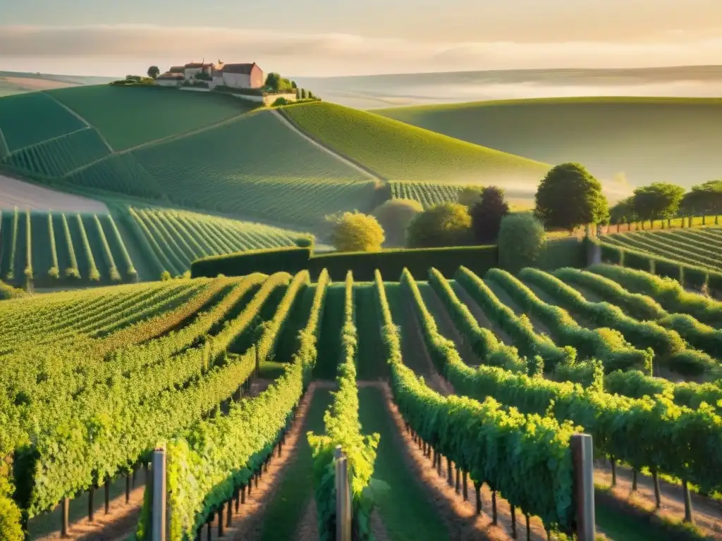 Viñedo de Champagne al atardecer, con viñedos verdes y sol dorado reflejado en las hojas