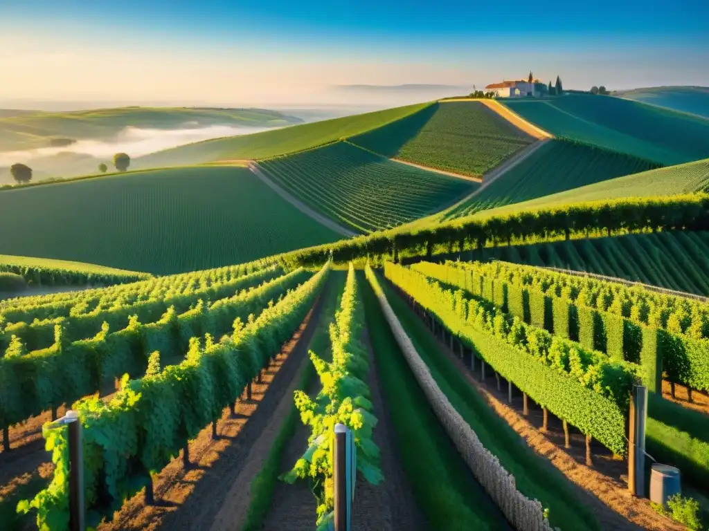 Un viñedo de Champagne al amanecer, con filas de verde exuberante bajo un cielo azul