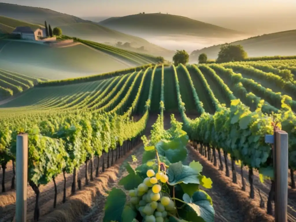 Viñedo de Champagne al amanecer, con hileras de viñas y brillo del rocío en las hojas