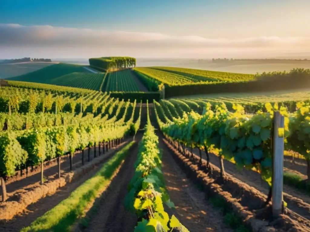 Un viñedo en la región de Champagne, Francia, muestra la red de viñas bajo la luz dorada del atardecer