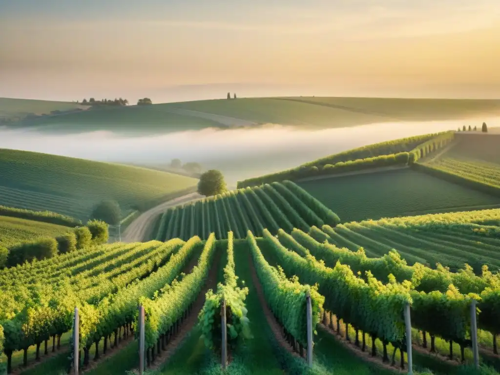 Viñedo de Champagne en Francia al amanecer, con trabajadores y prácticas sostenibles