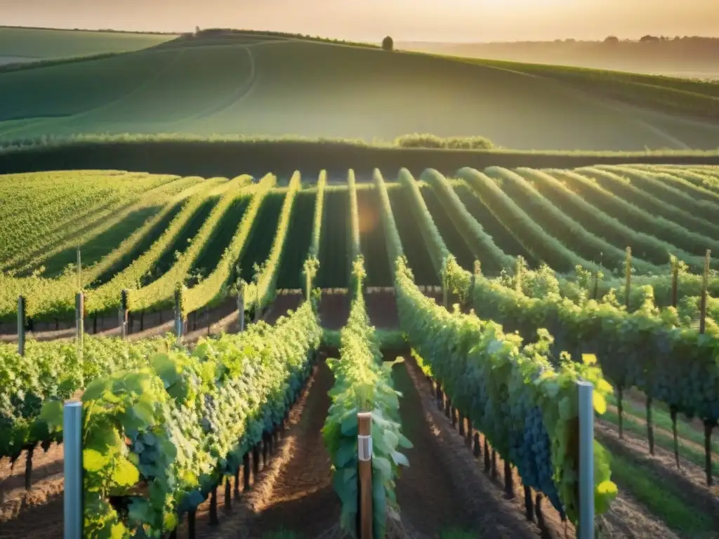 Viñedo de Champagne al amanecer, con trabajadores cuidando las uvas y prácticas sostenibles