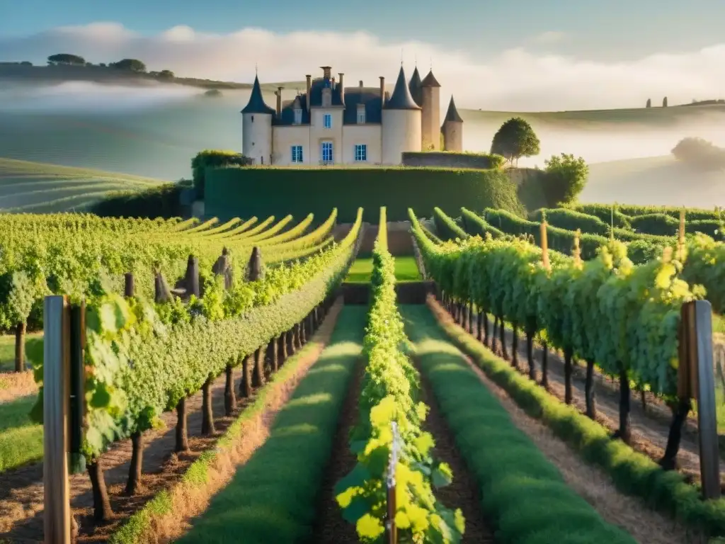 Viñedo francés al amanecer con château de piedra y niebla, ideal para maridajes vinos setas gastronomía francesa