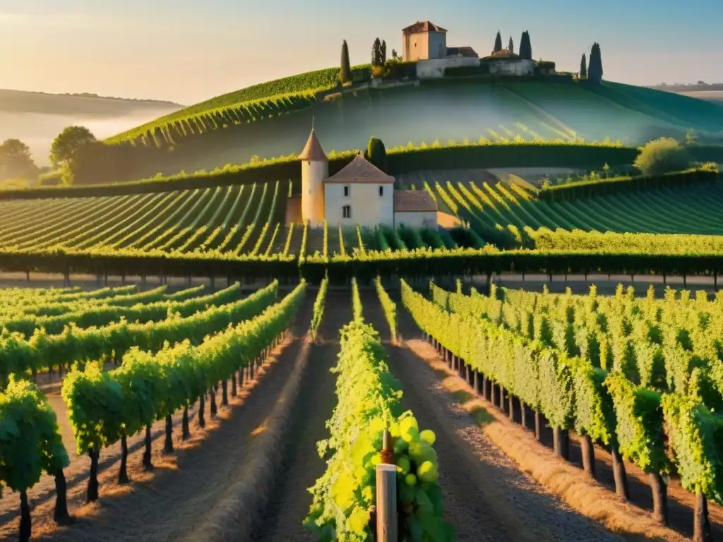 Viñedo al amanecer en un Château Francés, con trabajadores y viñedos dorados