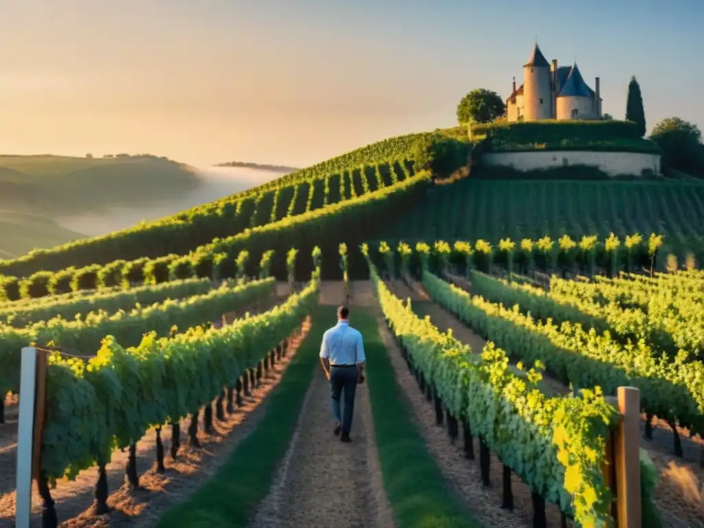 Un viñedo francés al amanecer, con un château y un viticultor inspeccionando las uvas