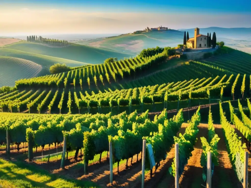 Viñedo en colinas de la Toscana al atardecer, trabajadores cuidando de las vides