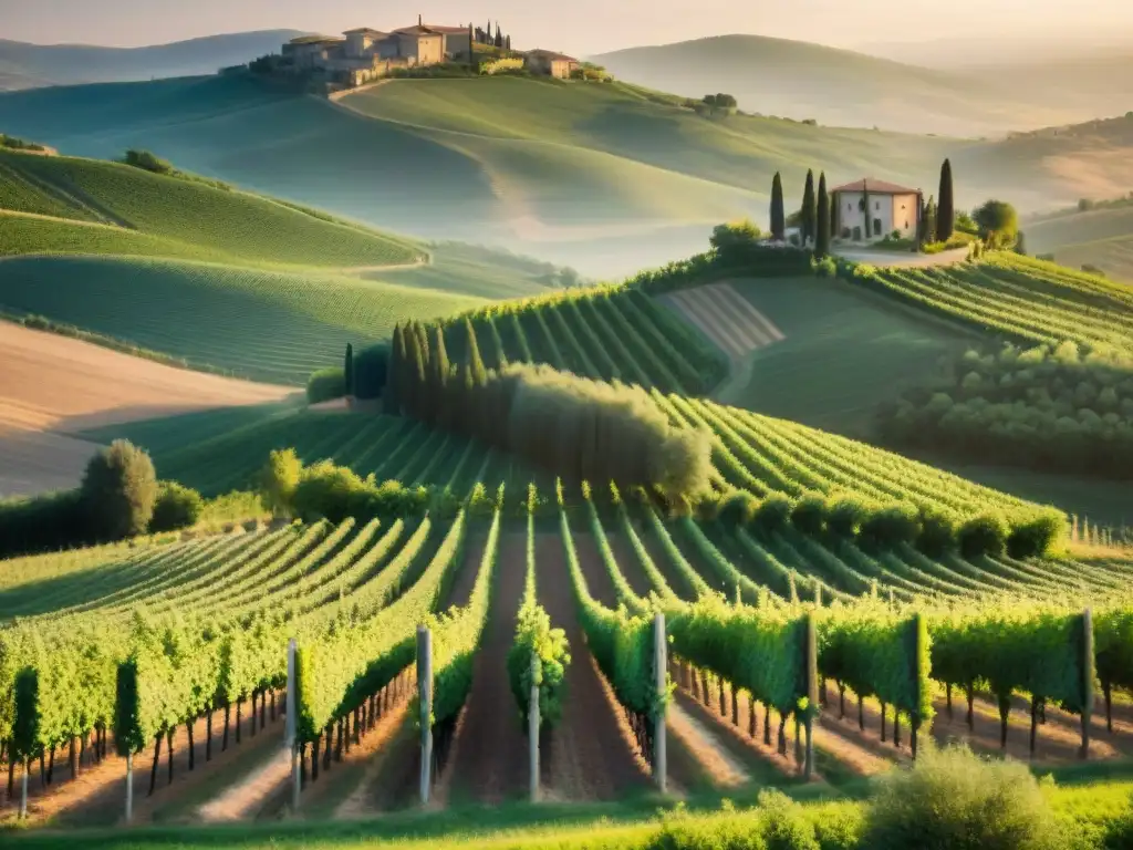 Viñedo en colinas de la Toscana al atardecer, destacando la colaboración franco-italiana en viticultura