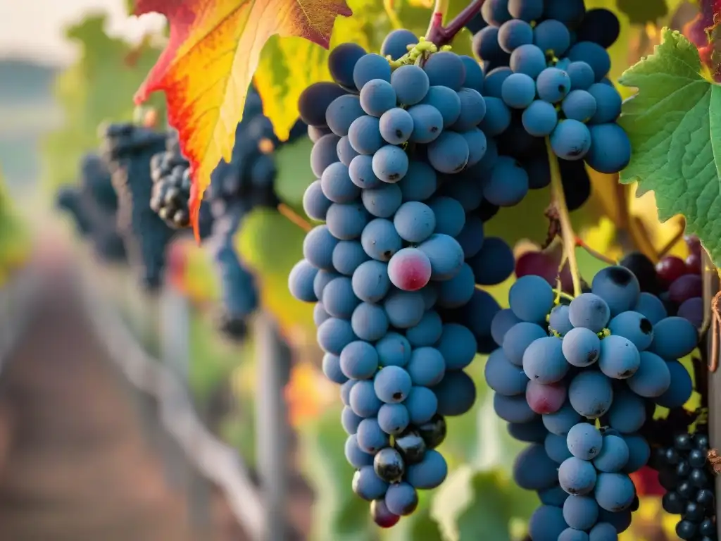 Viñedo en la región de Burdeos durante la cosecha de otoño, con uvas Cabernet Sauvignon listas para la vendimia