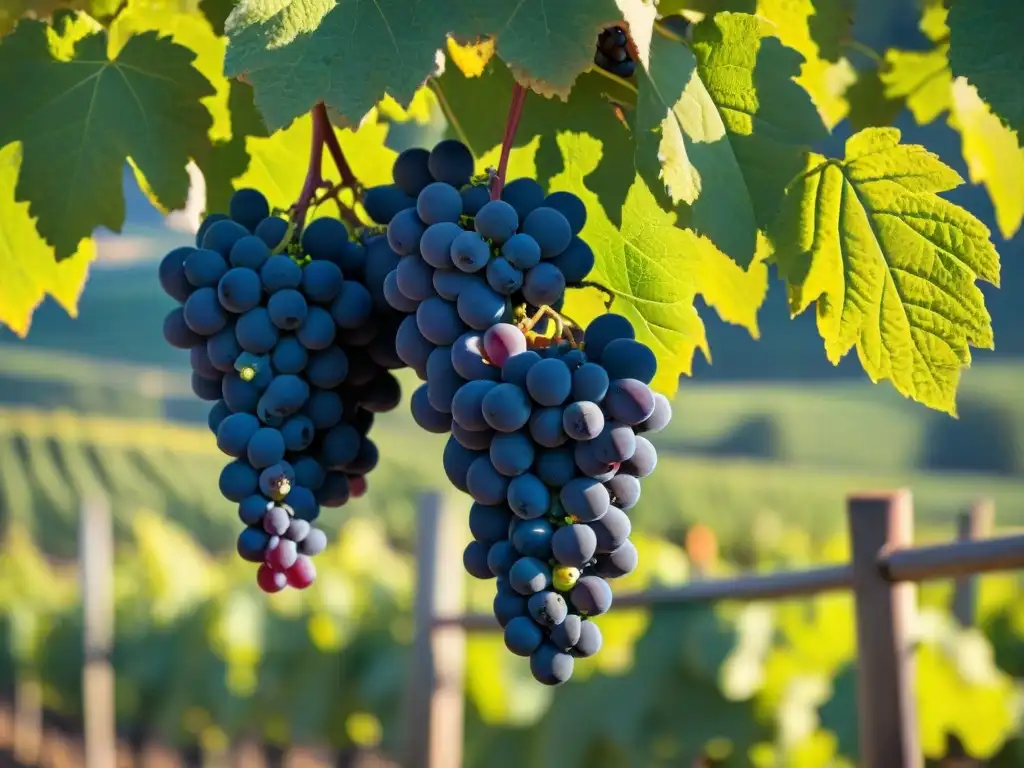 Un viñedo detallado en Jura, Francia, con uvas Pinot Noir listas para la cosecha