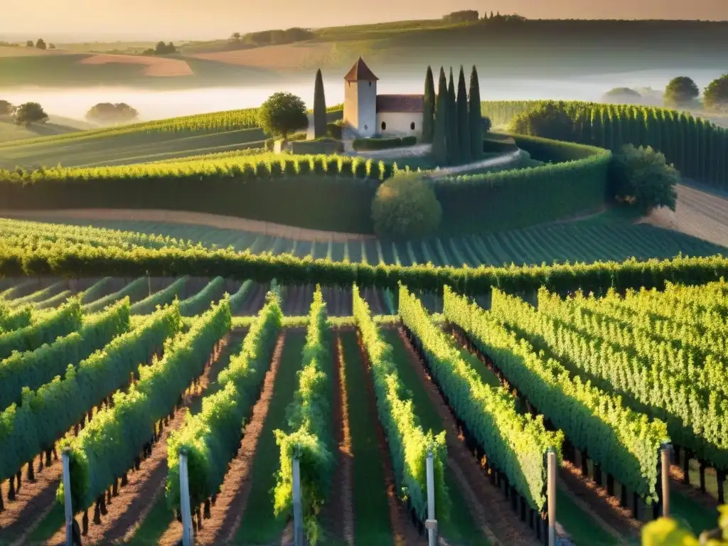 Viñedo dorado al atardecer en Sauternes, Francia Un viñedo dorado al atardecer en Sauternes, Francia, resaltando uvas botrytizadas