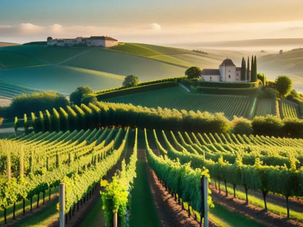 Viñedo dorado en la región de Champagne al amanecer, con château histórico