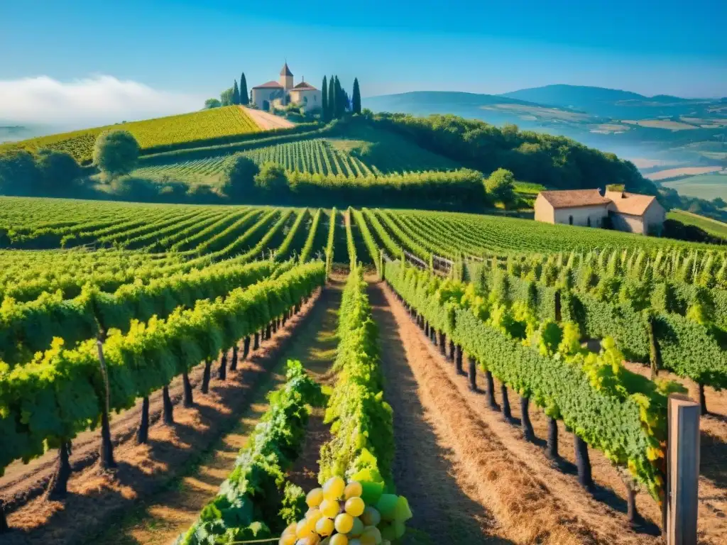 Viñedo francés ecofriendly con uvas maduras, granjas y colinas